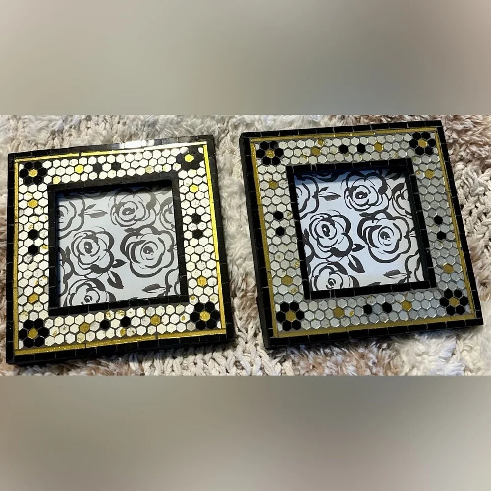 Anthropologie Mosaic Tile 4x4 Picture Frames — Set of 2, Black/White/Gold, NWT